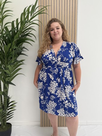 Robe fluide courte "Julia" bleu imprimé feuillage blanc
