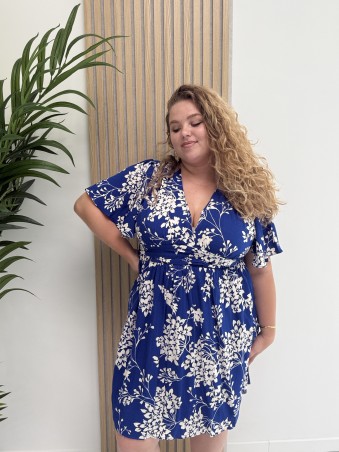 Robe fluide courte "Julia" bleu imprimé feuillage blanc