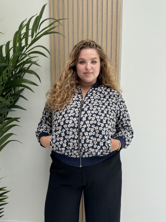 Veste bomber bleu "Sweet" avec col et manches pailletés imprimé mini fleurs