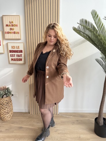 Manteau broche manches léopard marron