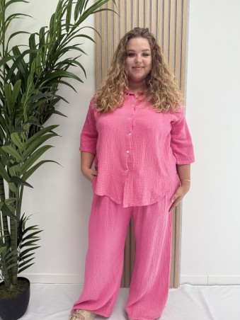 Ensemble chemise + pantalon gaze de coton uni fuschia