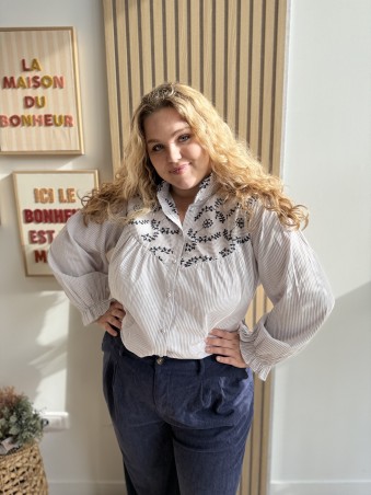 Chemise coton rayures broderie Ninon gris
