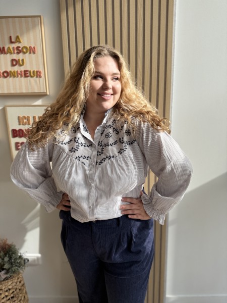 Chemise coton rayures broderie Ninon gris