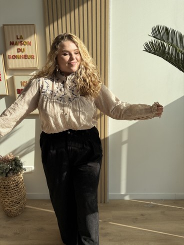Chemise coton rayures broderie Ninon camel