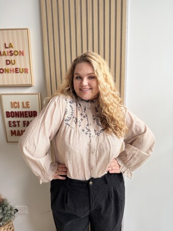 Chemise coton rayures broderie Ninon camel