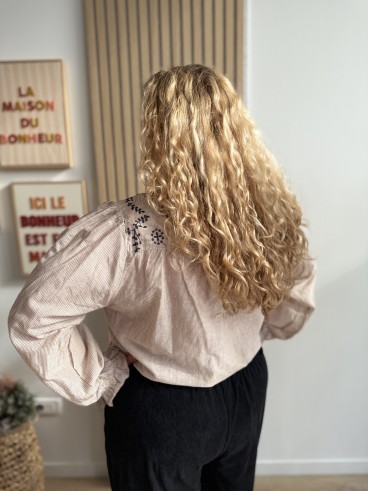 Chemise coton rayures broderie Ninon camel
