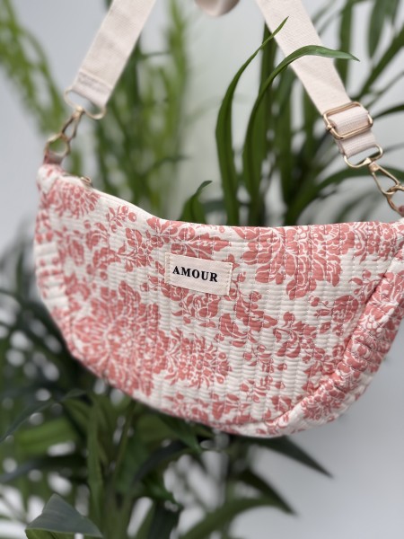 Sac banane demi-lune en coton imprimé floral corail