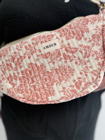 Sac banane demi-lune en coton imprimé floral corail