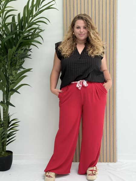 Pantalon fluide fuschia "Jade" avec ceinture fleurie en tissu