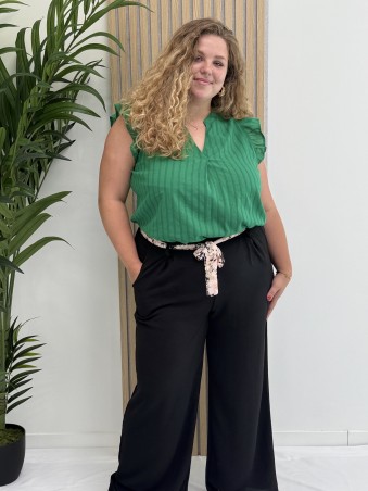 Pantalon fluide noir "Jade" avec ceinture fleurie en tissu