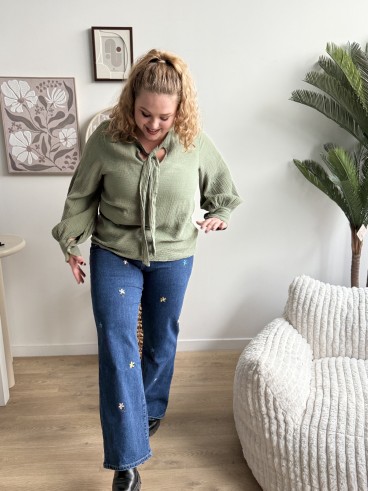 Jeans bleu Wide Leg broderie fleurs multico