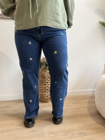 Jeans bleu Wide Leg broderie fleurs multico