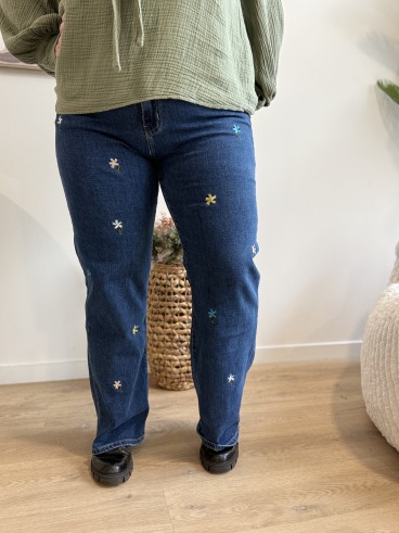 Jeans bleu Wide Leg broderie fleurs multico