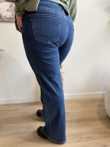 Jeans bleu Wide Leg broderie fleurs multico