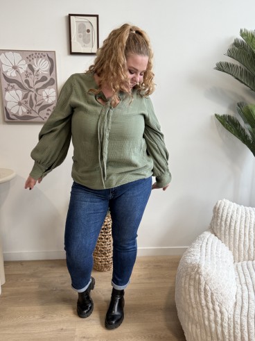 Jeans bleu mom fit poche frange