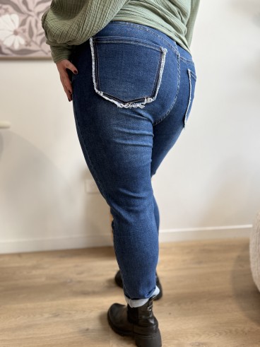 Jeans bleu mom fit poche frange