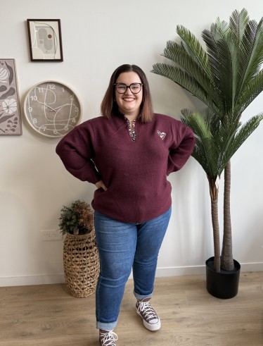 Pull broderie coeur liberty Alma bordeaux