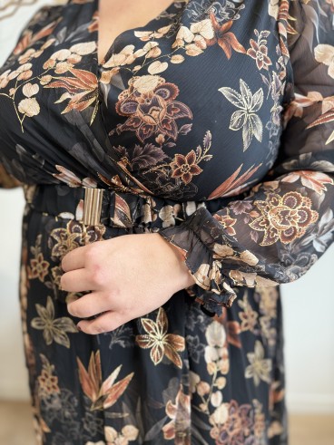 Robe longue noire fleurs et feuillages grande taille