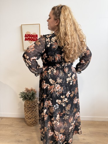 Robe longue noire fleurs et feuillages grande taille