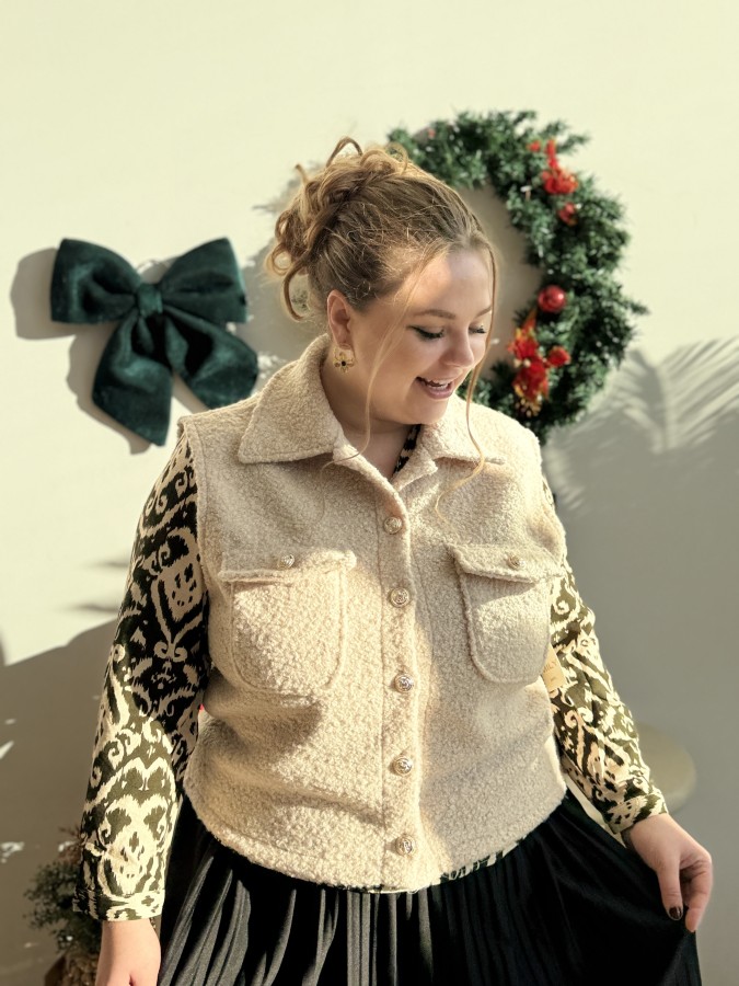 Gilet sans manches bouclettes poches Leni ecru