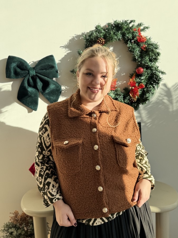 Gilet sans manches bouclettes poches Leni camel