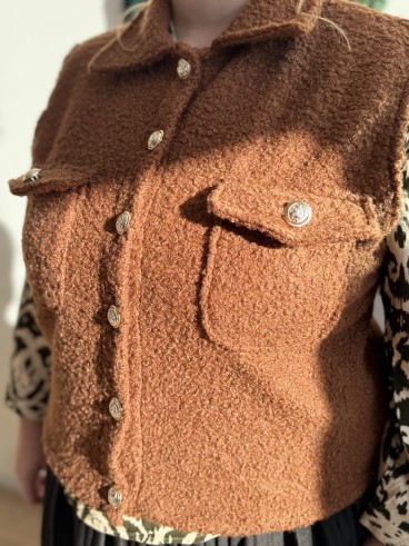 Gilet sans manches bouclette poches grande taille camel
