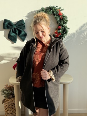 Manteau mi long à capuche revers léopard grande taille noir