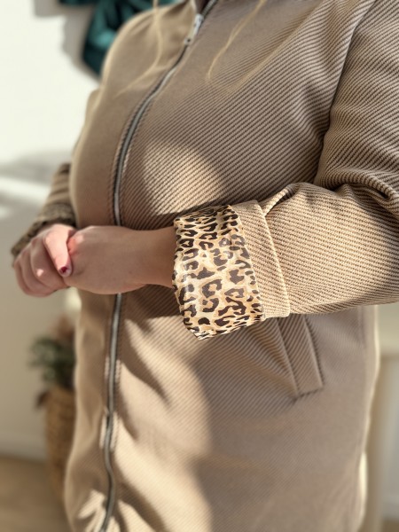 Manteau à capuche leopard Erica taupe