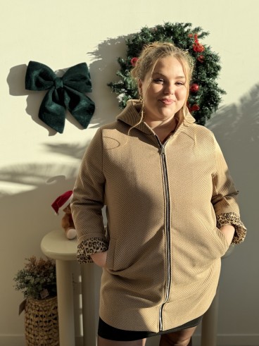 Manteau mi long à capuche revers léopard grande taille taupe