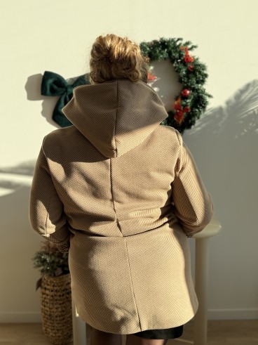 Manteau mi long à capuche revers léopard grande taille taupe
