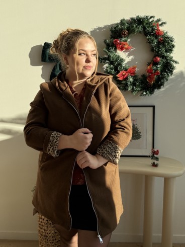 Manteau mi long à capuche revers léopard grande taille marron chocolat