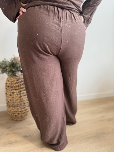 Pantalon fluide avec paillettes partout Enora chocolat grande taille