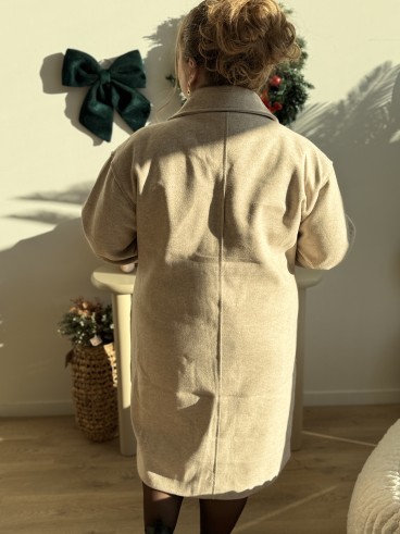 Manteau long col blazer Victoire ecru beige grande taille