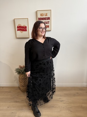 Jupe long tule et broderie fleurs Laure noir