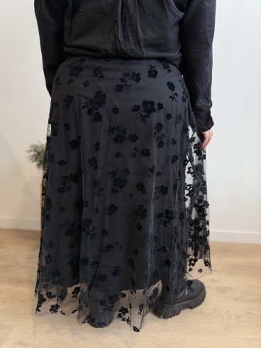 Jupe long tule et broderie fleurs Laure noir grande taille