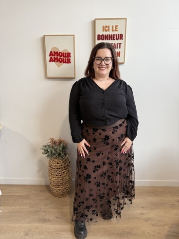Jupe long tule et broderie fleurs Laure chocolat grande taille