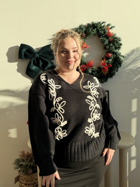 Pull broderie cordage fleur Marta noir grande taille