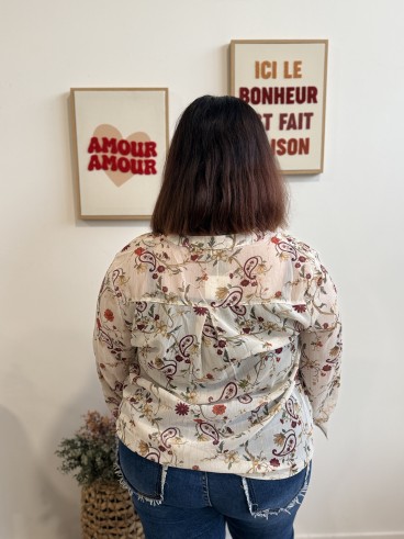 Blouse liserés brillants floral Virgule grande taille blanc