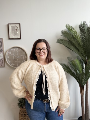 Gilet dentelle avec noeud Noemie beige grande taille