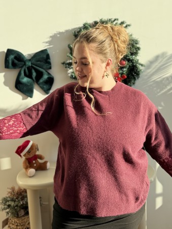 Pull manches dentelles Marianne bordeaux grande taille