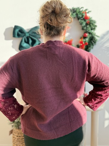 Pull manches dentelles Marianne bordeaux grande taille