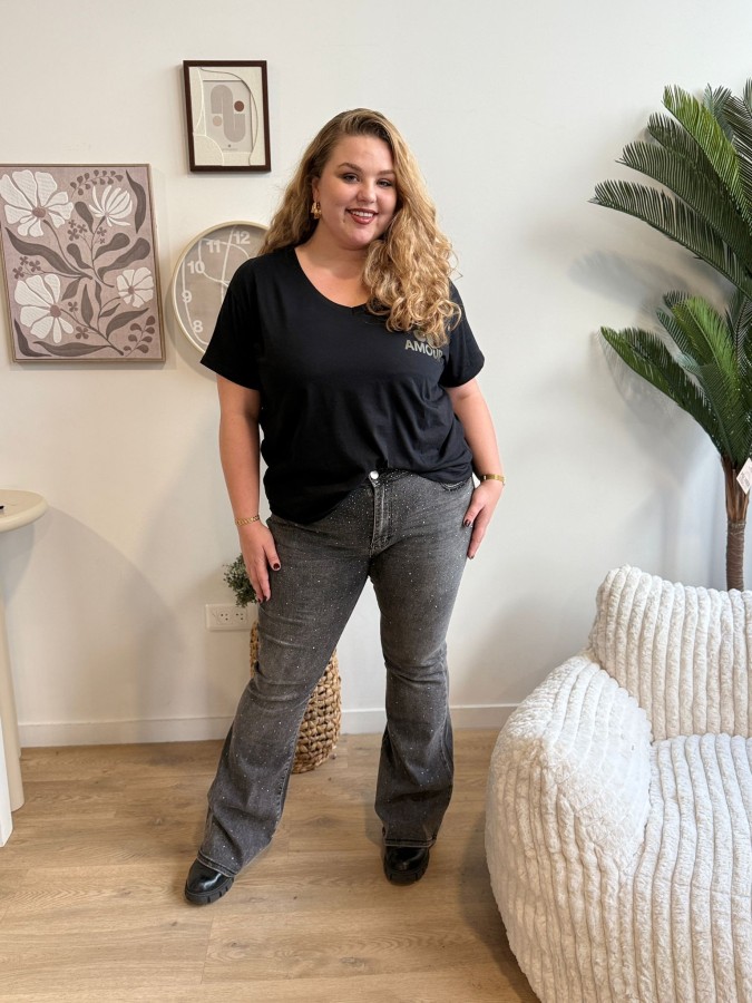 Jeans gris coupe flare avec strass