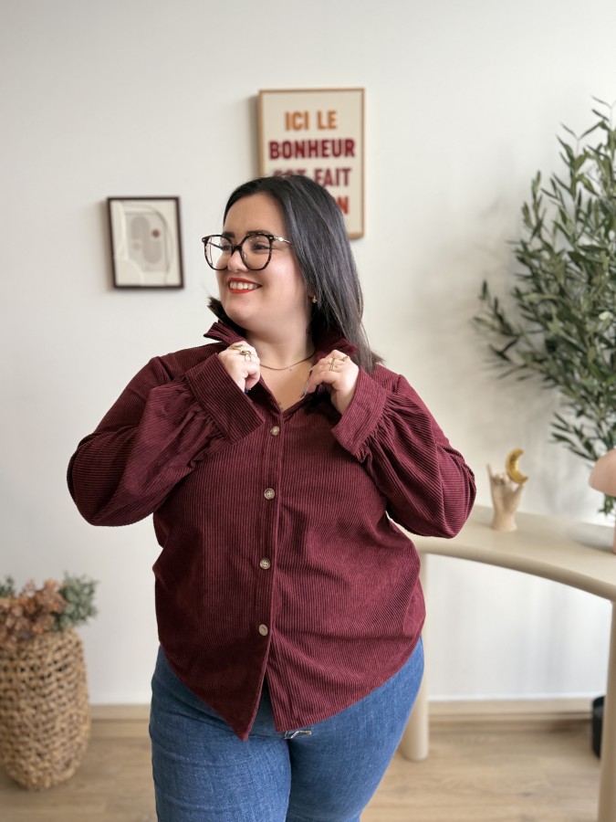 Chemise côtelé col montant Anne bordeaux