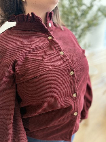 Chemise côtelé col montant Anne bordeaux