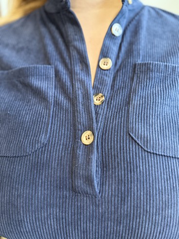 Robe tunique cotelés col montant Isadora bleu