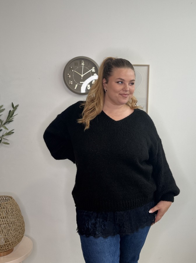 Pull maille dentelle bas noir
