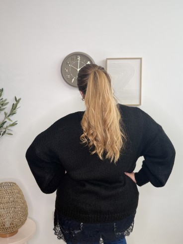 Pull maille dentelle bas noir grande taille