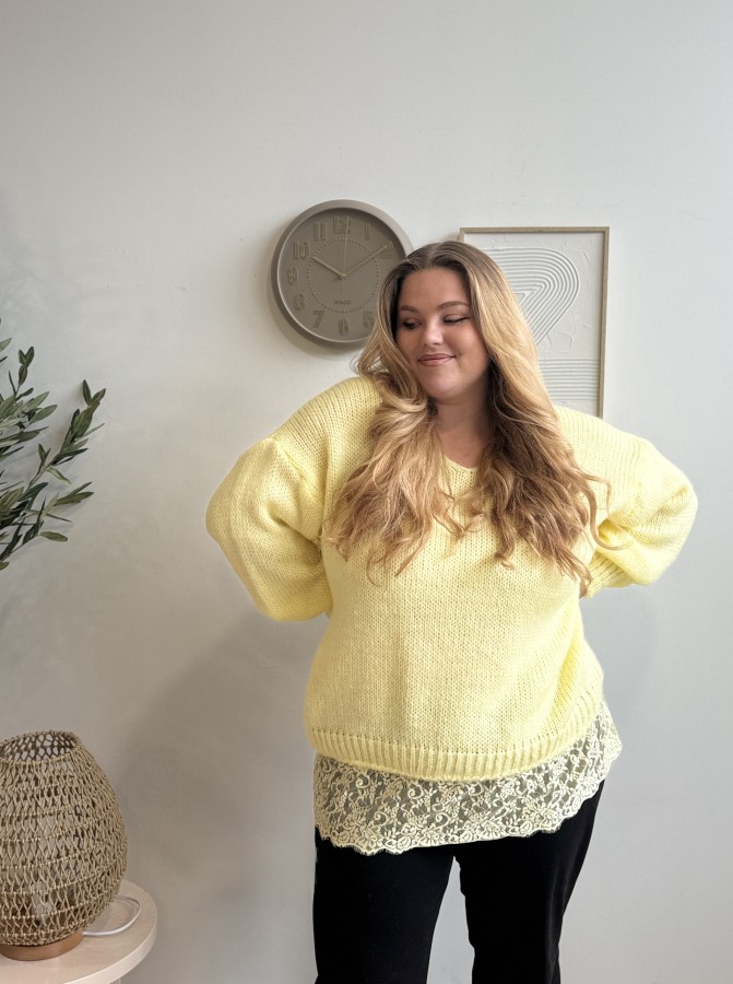 Pull maille dentelle bas jaune