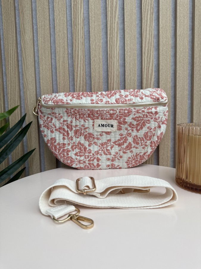Sac banane en coton imprimé floral rose AMOUR