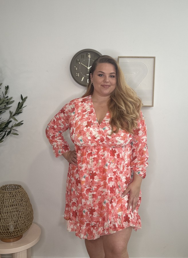 Robe courte fleurie Mao corail